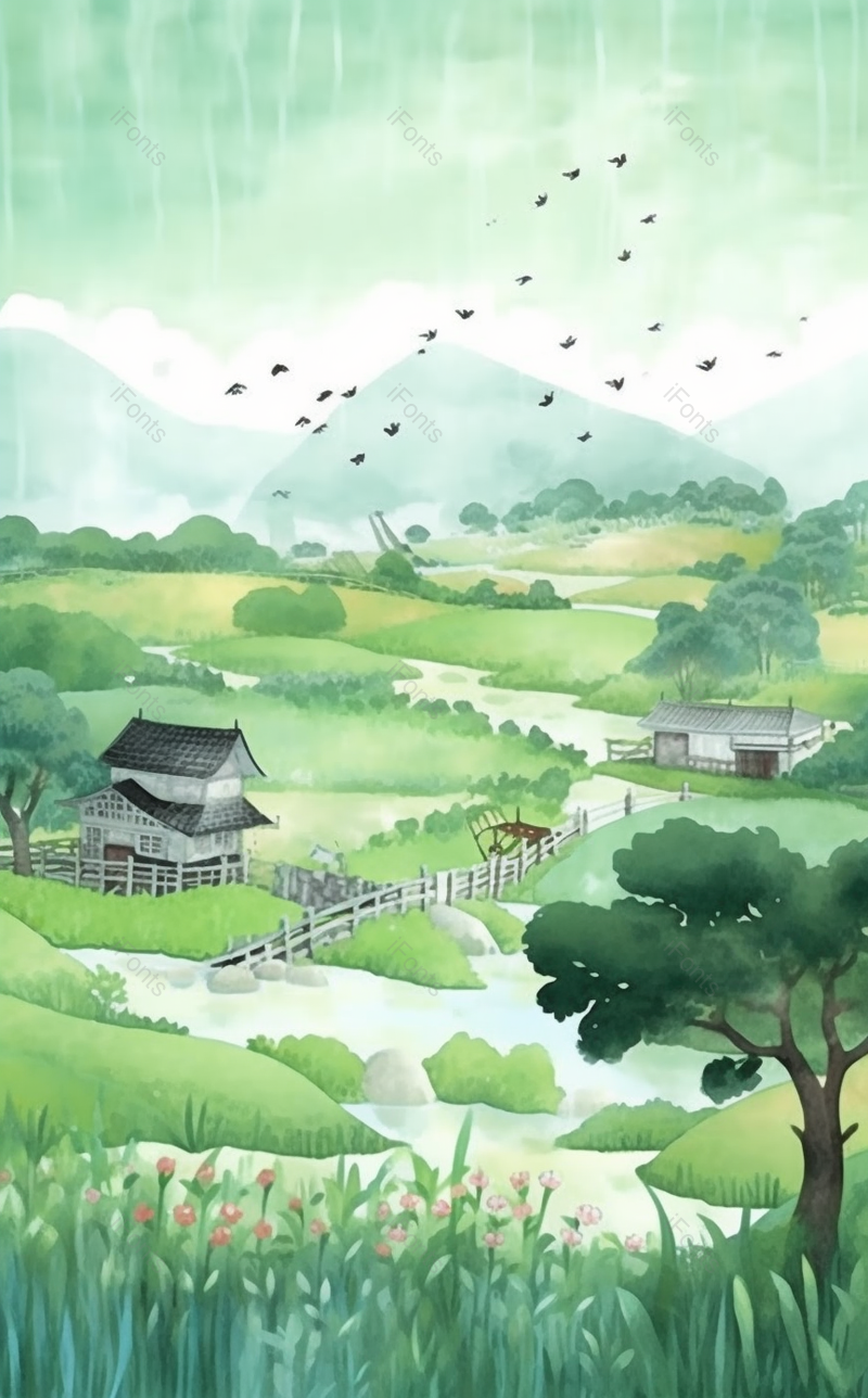 房屋大雁绿树二十四节气田园山水图插画,插画/手绘图,插画/手绘图库,插画/手绘图下载,插画/手绘